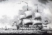 Francis Swaine, A drawing of a British two-decker off Calshot Castle